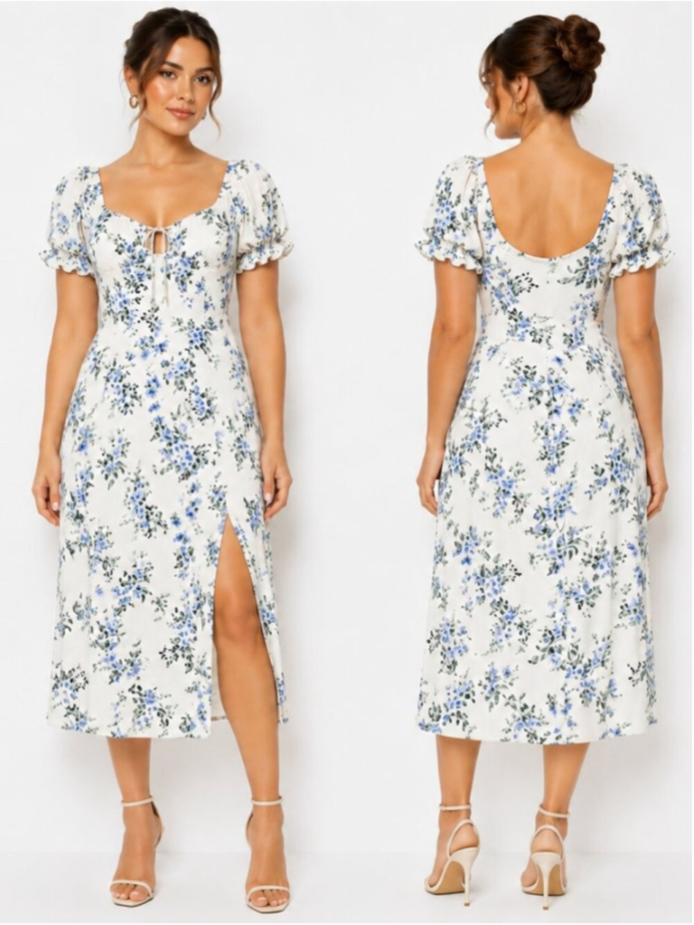 Insp Hearts Blue Floral Midi Dress White Sweetheart NeckSlit SizeM 7DPHD373R